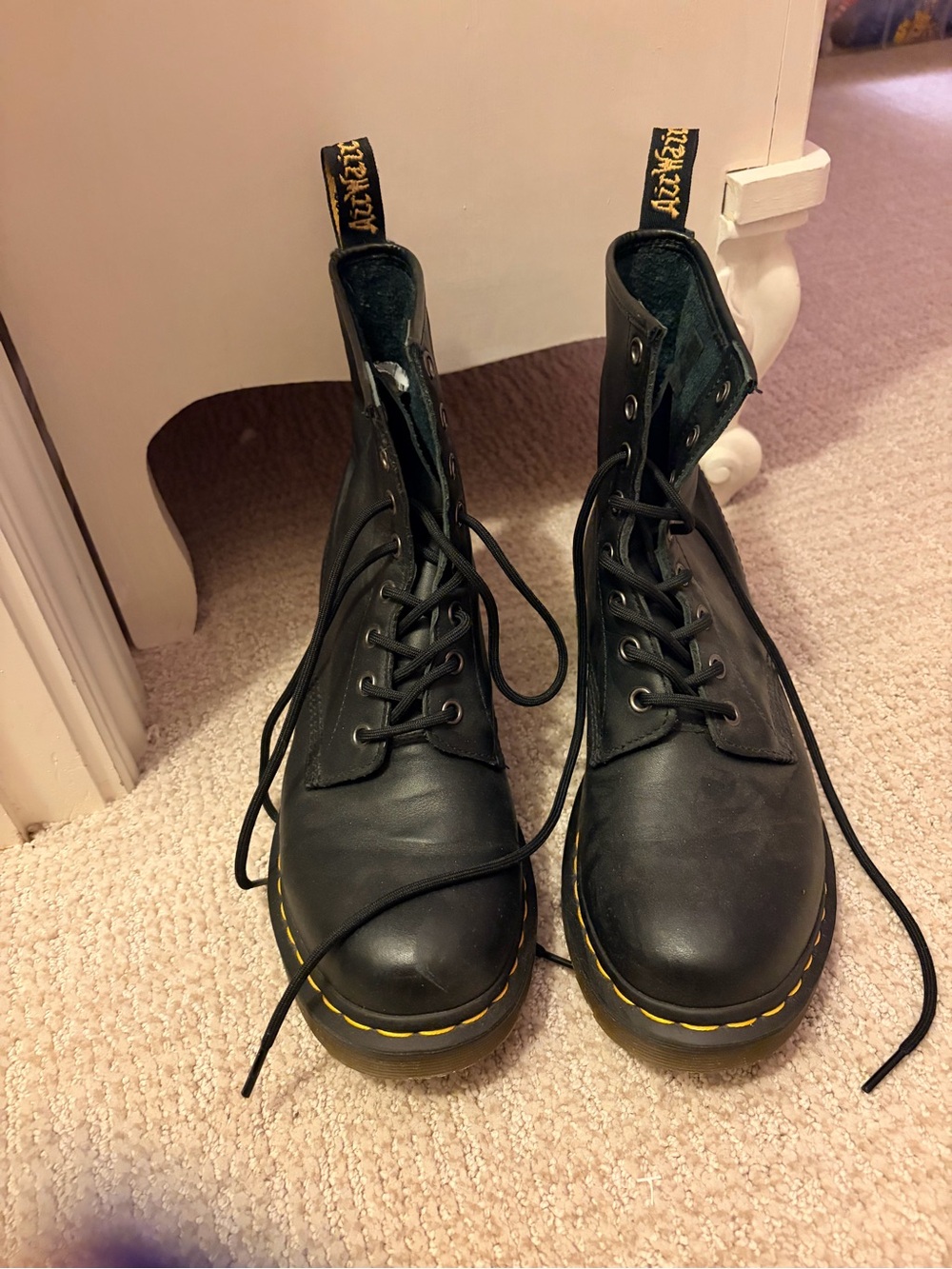 Dr. Martens Black Leather Lace-Up Boots with Yellow Stitching